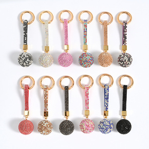 Cheap Hot Sale High Quality Luxury Round Rhinestone Ball Car Keychain Women Girl Wristlet Rhinestone Lanyard With Keychain