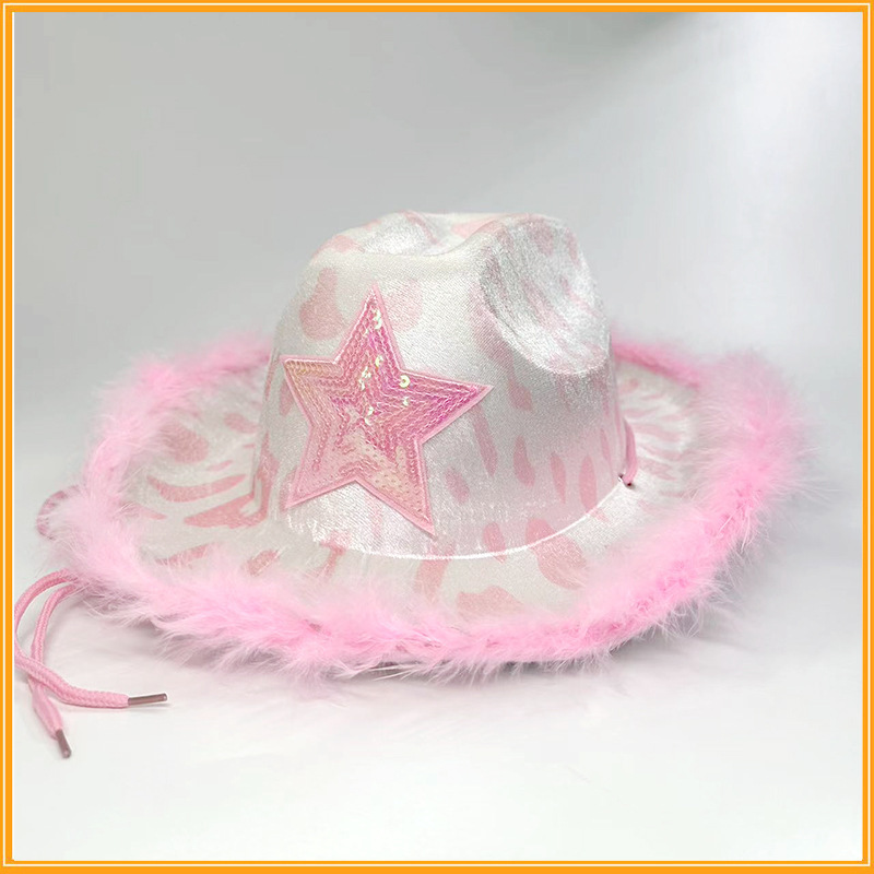 Feather Pink Star Cow Girl Hat Adjustable Neck Draw String Cow Hat Adult Size Cowboy Hat for Costume Party