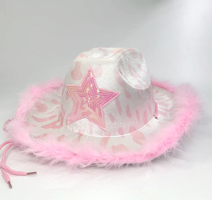 Feather Pink Star Cow Girl Hat Adjustable Neck Draw String Cow Hat Adult Size Cowboy Hat for Costume Party