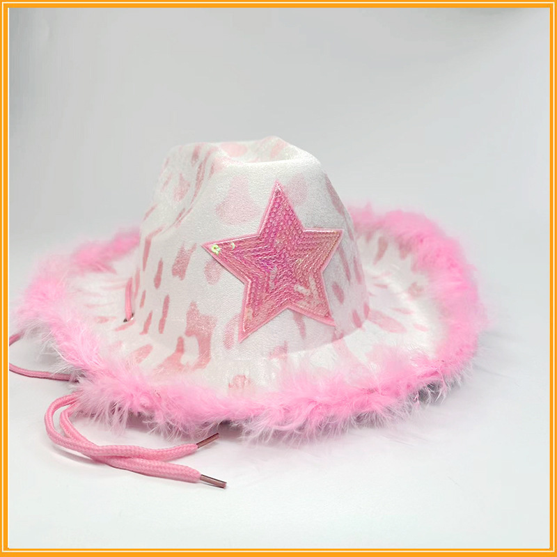 Feather Pink Star Cow Girl Hat Adjustable Neck Draw String Cow Hat Adult Size Cowboy Hat for Costume Party