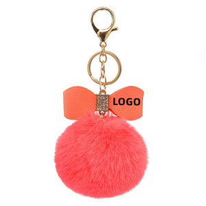 Cute Bow Pompom Keychain High Quality Rhinestone Faux Pompoms Bag Pendant Car Key Ring Custom Logo Keychain