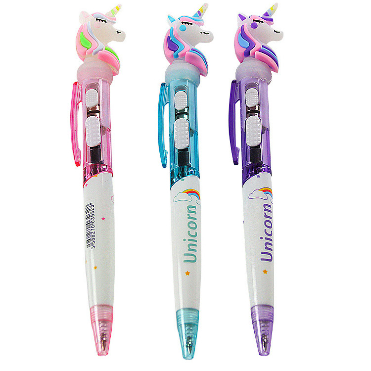 Creative  3d Cartoon Unicorn Led Light Ballpoint Pen Cute Unicorn Flashlight Ball Pen For Children Gift Kawaii School Supplies