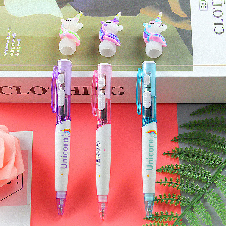 Creative  3d Cartoon Unicorn Led Light Ballpoint Pen Cute Unicorn Flashlight Ball Pen For Children Gift Kawaii School Supplies