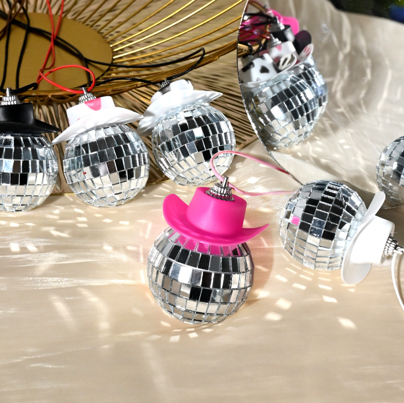 Wholesale Car Pendant Mirror Disco Ball with Cowboy Hat Disco Ball Car Charm for Rear View Mirror Decoration