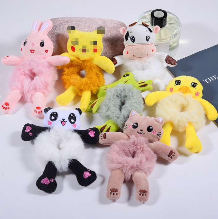 Plush Animal Scrunchie Set Elastic Hair tie Ponytail Rubber Band Accessories Kawaii Stuffed Cartoon Frog Cat Hair Rope Girl