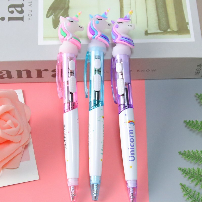 Creative  3d Cartoon Unicorn Led Light Ballpoint Pen Cute Unicorn Flashlight Ball Pen For Children Gift Kawaii School Supplies