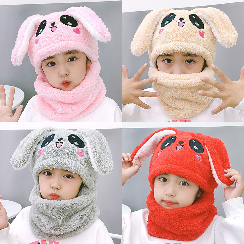 Cute Kids Plush Bunny Rabbit Ear Hat Skull Cap Neck Warmer Winter Hat and Scarf for Children