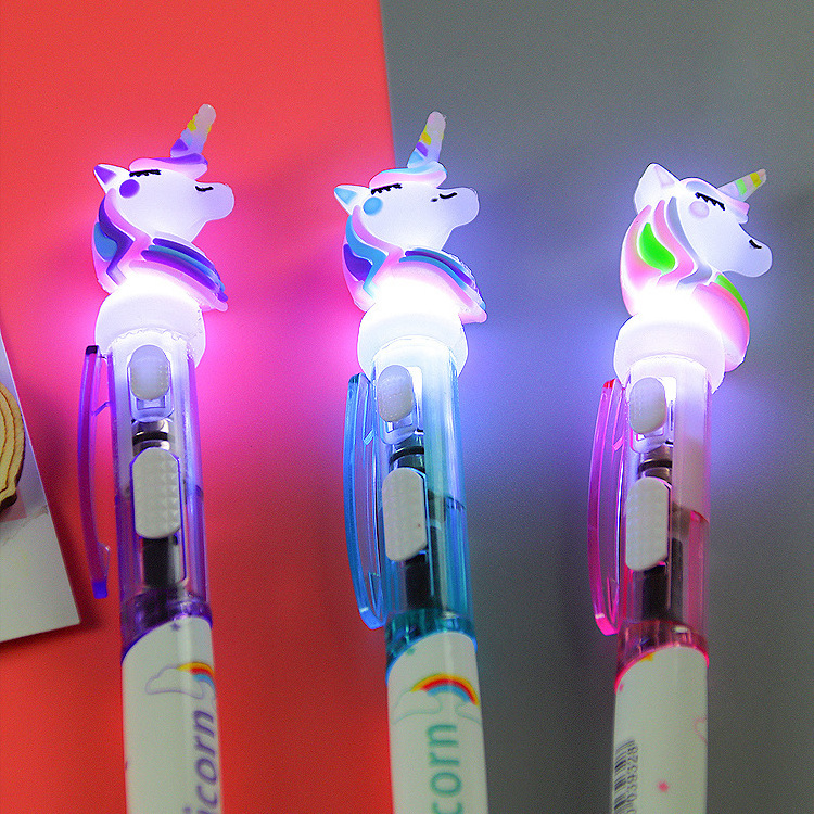 Creative  3d Cartoon Unicorn Led Light Ballpoint Pen Cute Unicorn Flashlight Ball Pen For Children Gift Kawaii School Supplies