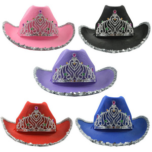 Wholesale Crown Cowboy Hat Christmas Party Decoration Sequin Bling Crown Cowgirl Hat