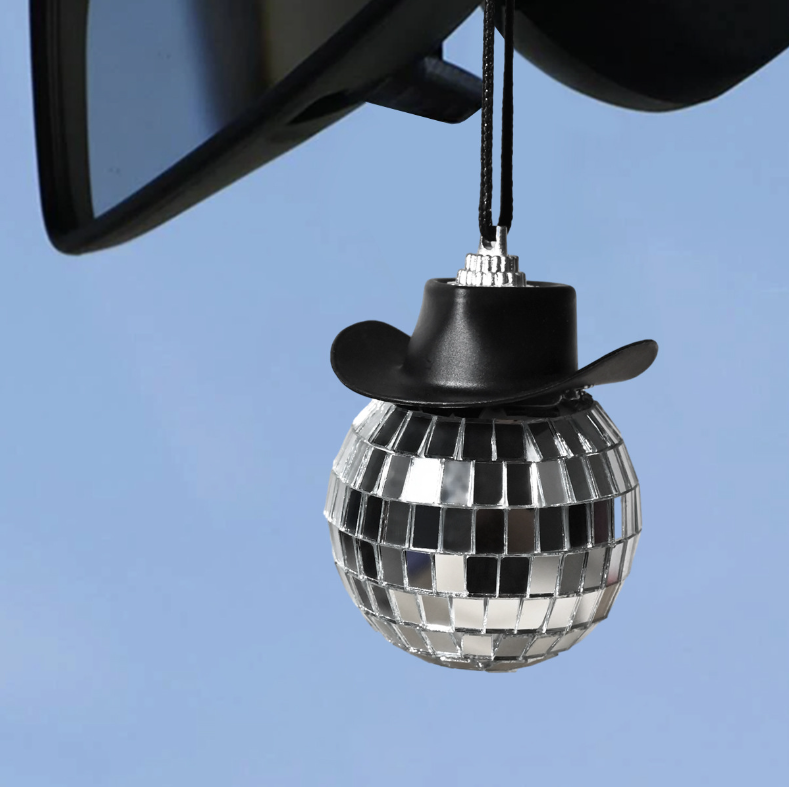 Wholesale Car Pendant Mirror Disco Ball with Cowboy Hat Disco Ball Car Charm for Rear View Mirror Decoration