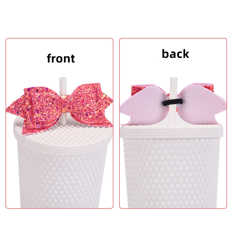 Reusable PU Leather Luxury Diamond Bow Shape Straw Topper Christmas Gift Tumbler Topper Water Bottle Straw Accessory Charms