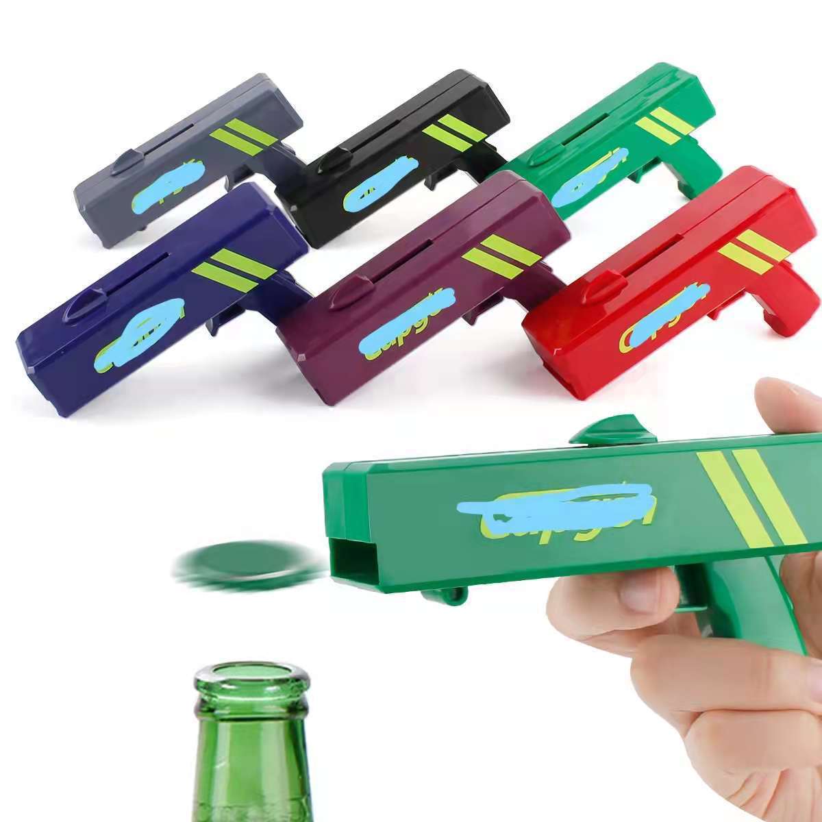 Creative Design Firing Cap Gun Beer Opener Custom Logo ABS Plastic Toy Party Bottle Opener Cap Gun Shooting Toy