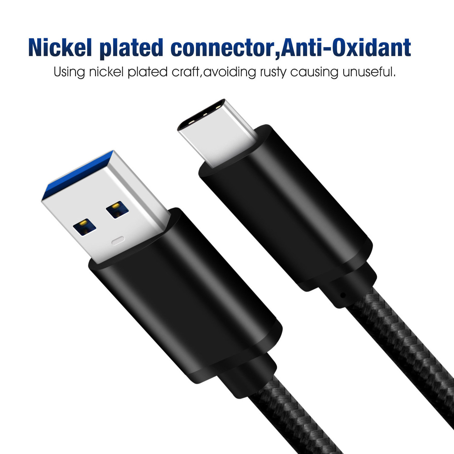 Nylon Braid USB C Cable 3FT Data Sync QC3.0 Usb Charging Cable 1M Black Fabric Usb Type C Cable