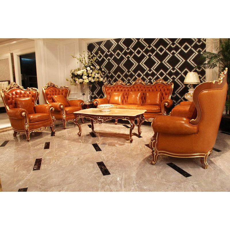 High Quality European Style Luxury Antique Furniture Leather Sofas Wooden Carved Sofa Set Furniture