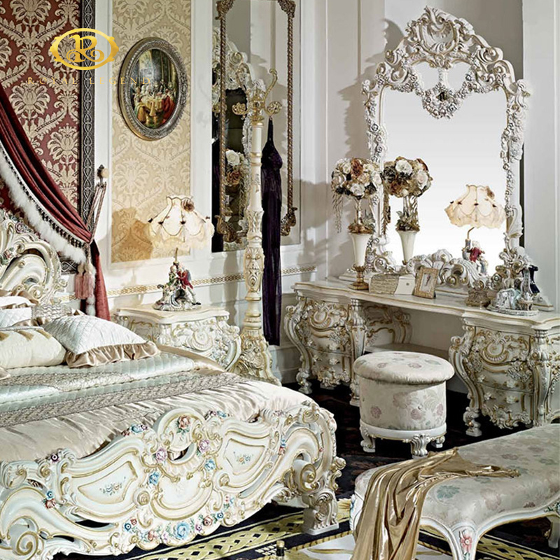 Luxury French Rococo Royal Wood Carved Bed, Dubai Luxury Bedroom Furniture Set