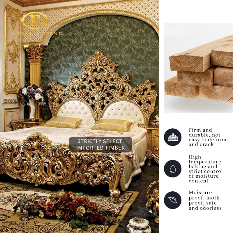 European Classical Luxury Gold Bedroom Set Rococo Palace Royal Golden Solid Wood Hand Carving Canopy Bed King Size