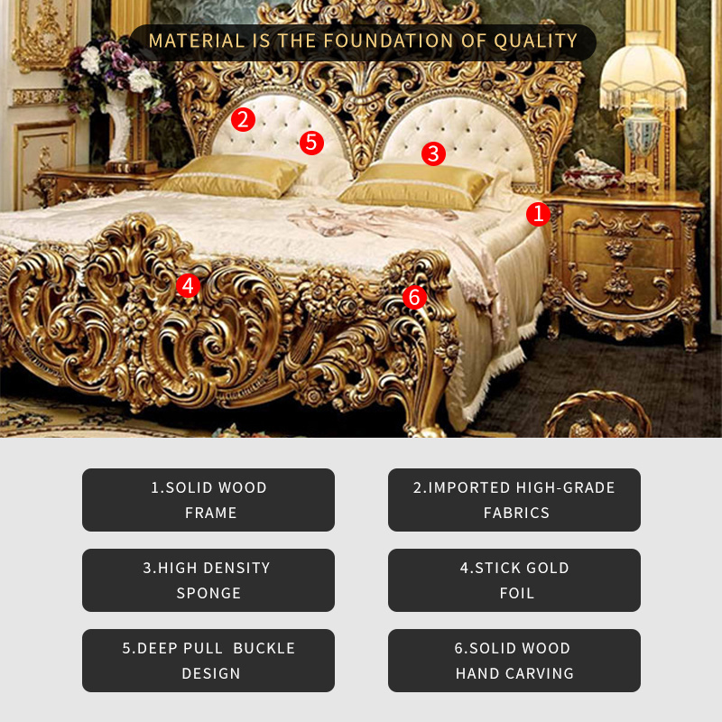 European Classical Luxury Gold Bedroom Set Rococo Palace Royal Golden Solid Wood Hand Carving Canopy Bed King Size