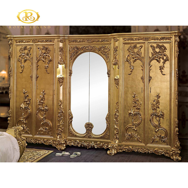 European Classical Luxury Gold Bedroom Set Rococo Palace Royal Golden Solid Wood Hand Carving Canopy Bed King Size