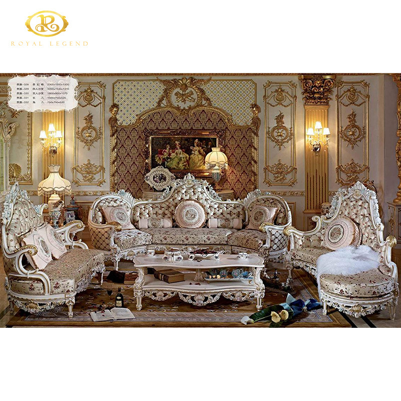 Engraved Castle Sofa Set Queen Anne Style Wooden Living Room Furniture Unique Floral Design Solid Wood Carved 3 Seater Sofa