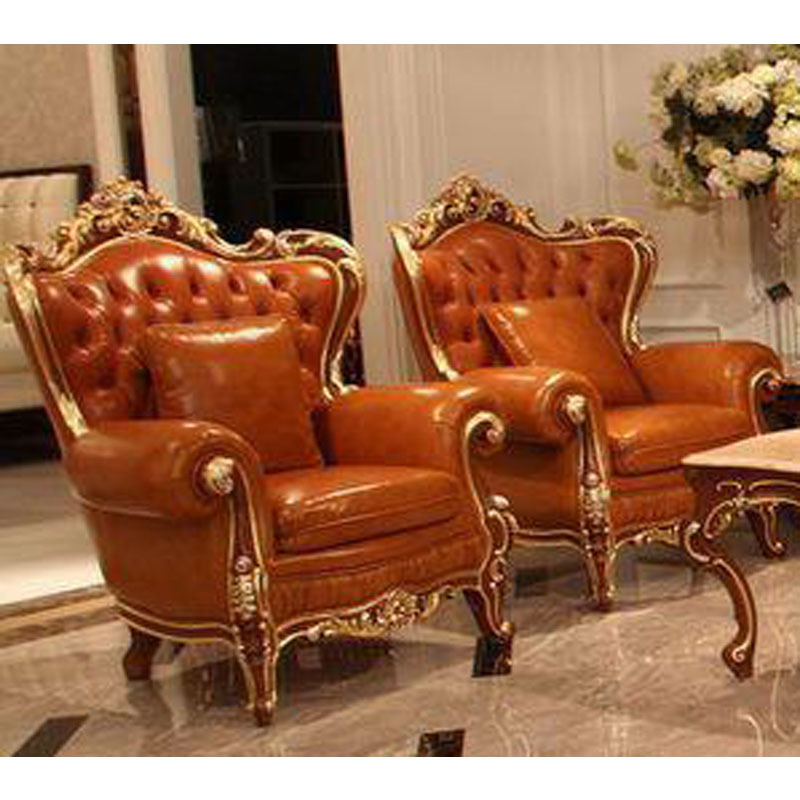 High Quality European Style Luxury Antique Furniture Leather Sofas Wooden Carved Sofa Set Furniture