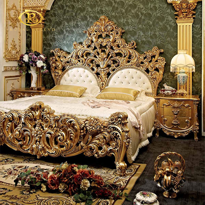 European Classical Luxury Gold Bedroom Set Rococo Palace Royal Golden Solid Wood Hand Carving Canopy Bed King Size