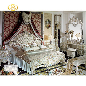 Luxury French Rococo Royal Wood Carved Bed, Dubai Luxury Bedroom Furniture Set