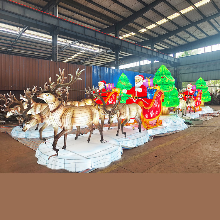 LED Life Size Santa Sleigh And Reindeer Outdoor Decoration Christmas Silk Lantern