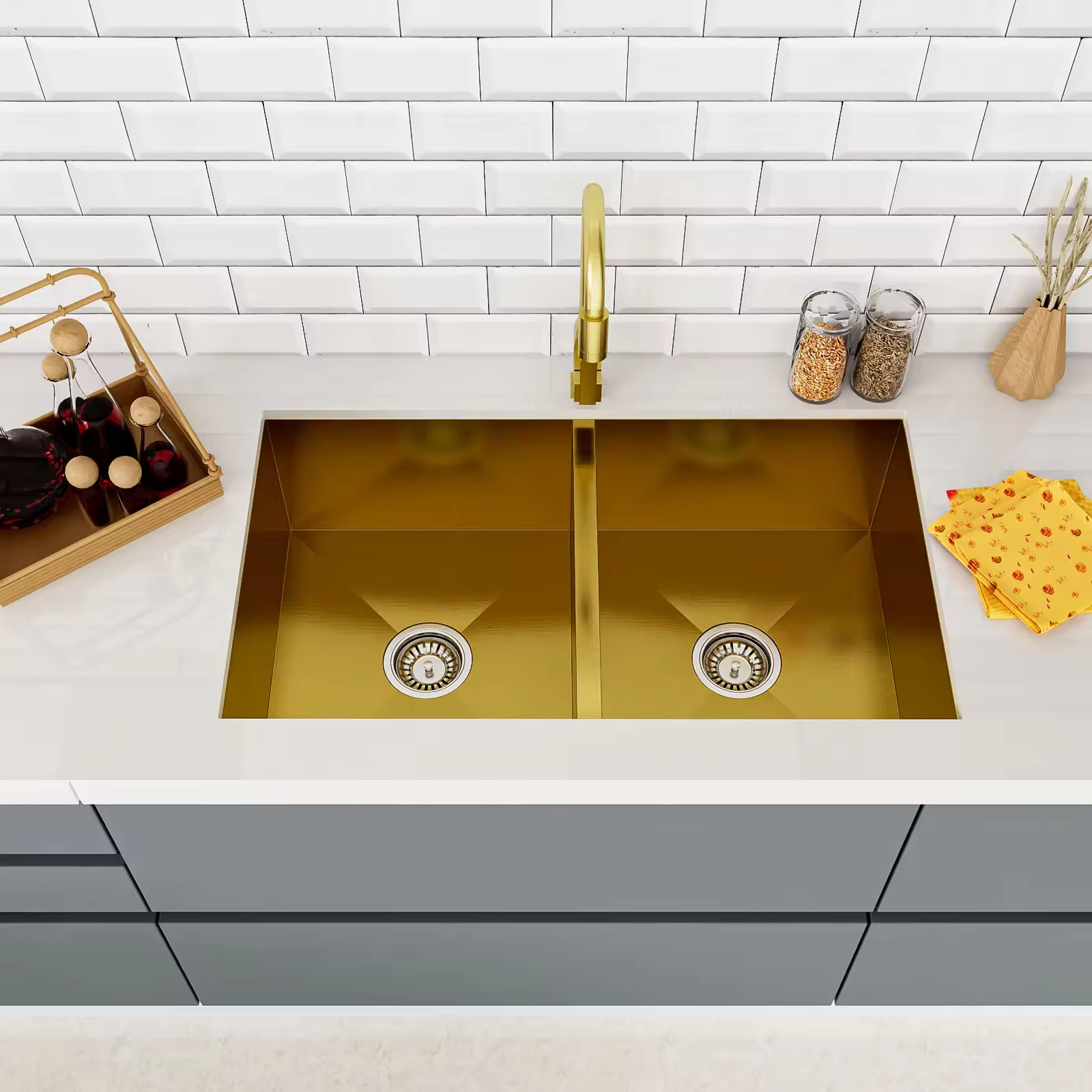 Factory hot sale golden kitchen double sink 304 stainless steel undermount Handmade Sink kitchen sink gold With Accessories