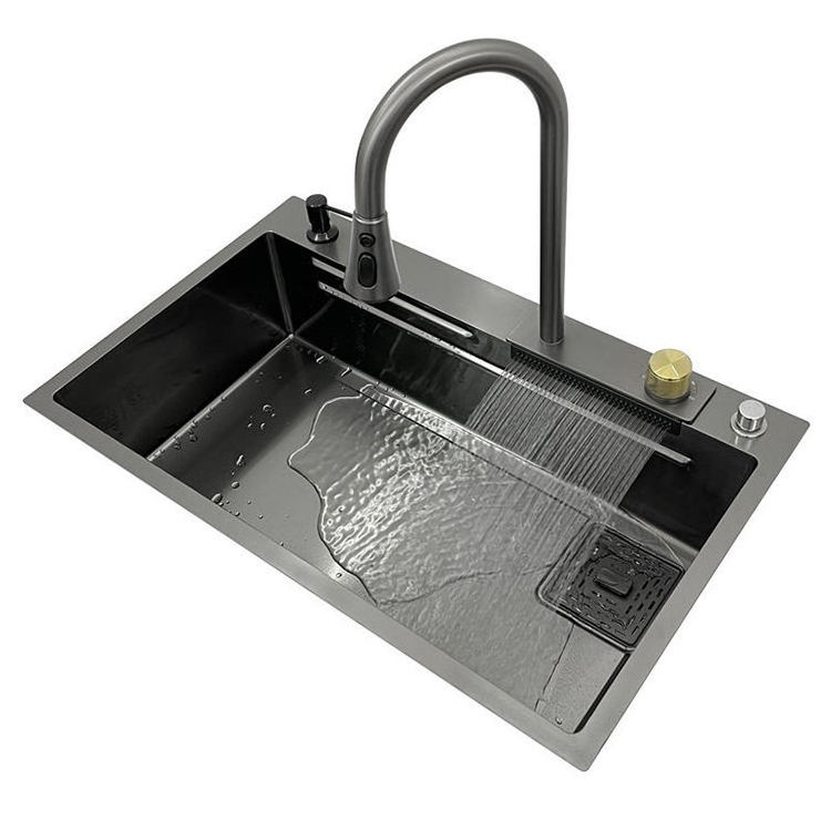 Stainless Steel Digital Display Pull Down Kitchen Faucet with Waterfall