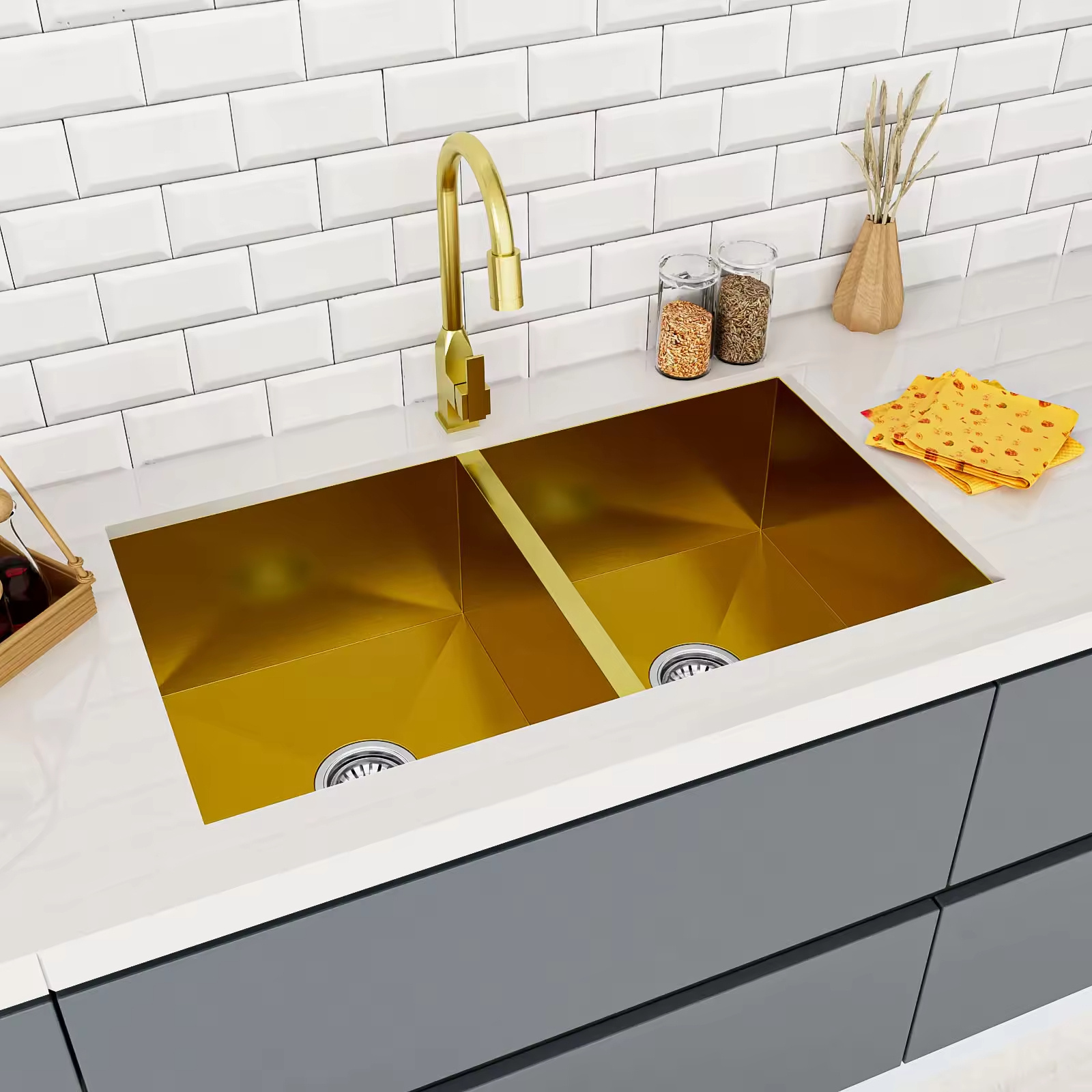 Factory hot sale golden kitchen double sink 304 stainless steel undermount Handmade Sink kitchen sink gold With Accessories