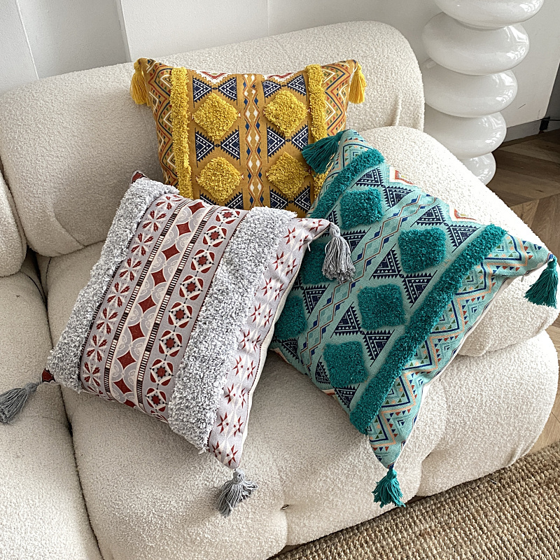 Boho Style Home Deco New Fashion Print tufting Cushion cover Colorful tufting geometry tassels Cotton Satin Throw Pillow Case