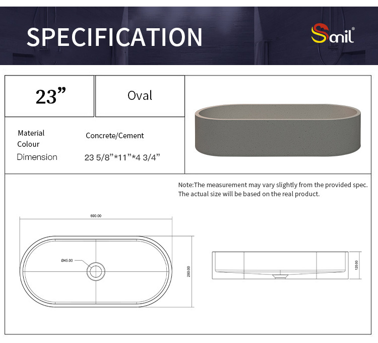 Ce Europe Standard Bathroom Handmade Rectangular Oval Round Designs Cement Sink Concrete Grey Wash Art Basin