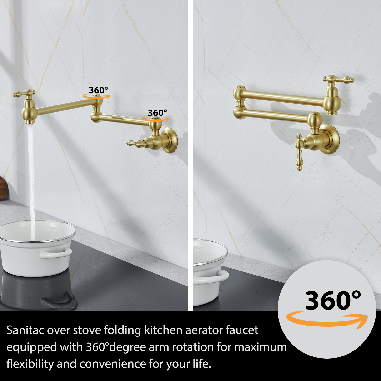 Luxury Brushed Gold Unlacquered Brass Kitchen Faucet Classical Copper Folding Rotatable Pot Filler Wall Mount Hot Cold Mixer Tap