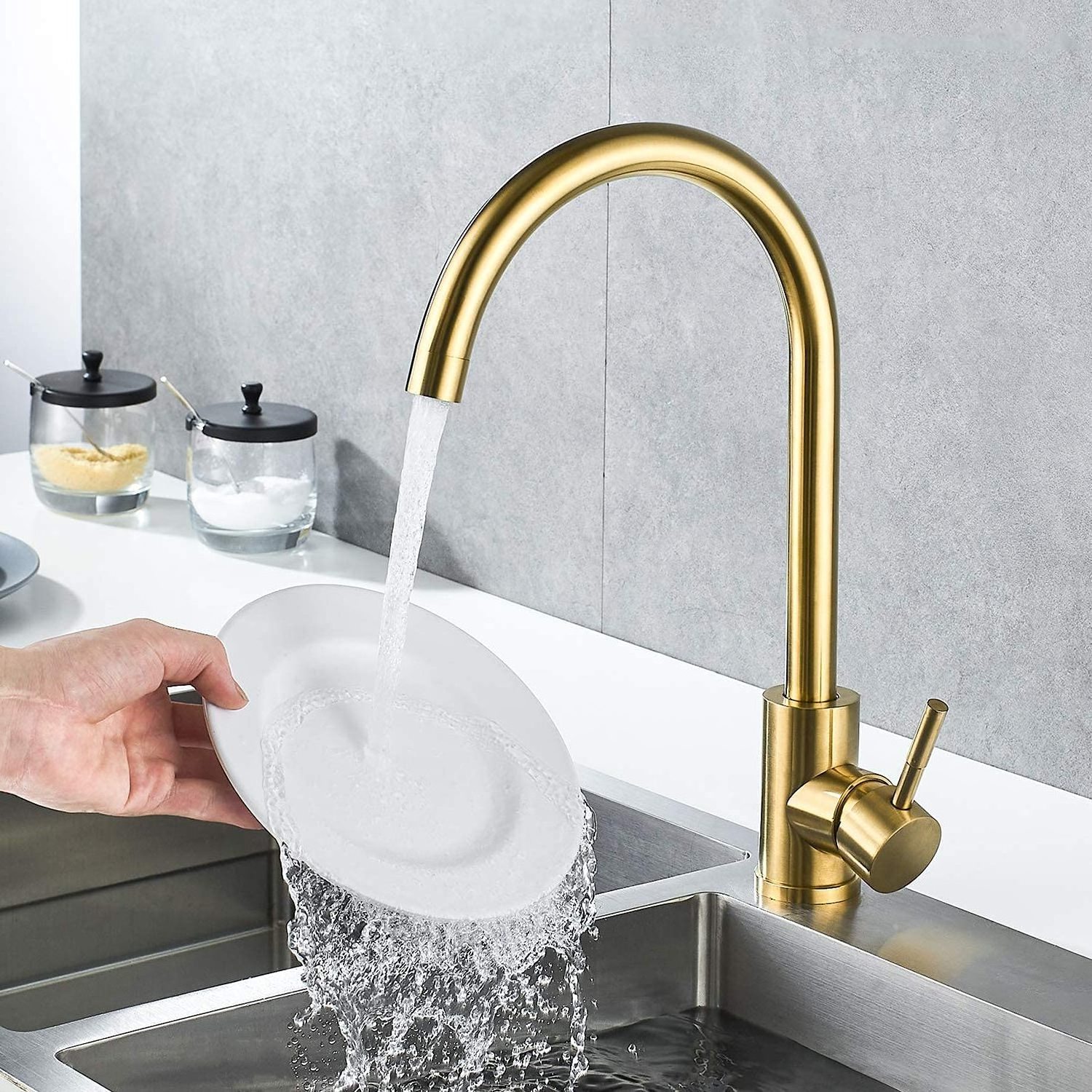 Single Handle High Arc Brushed Gold Kitchen Faucet Stainless Steel Commercial Single Hole Kitchen Sink Faucet