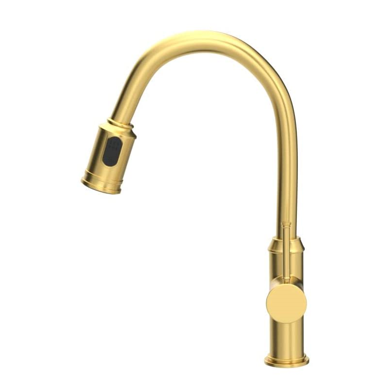 Single Handle Swan Hole Brushed Gold Pull Down Spring Kitchen Sink Faucet With Faucet Hole Cover Kitchen Sink Faucet