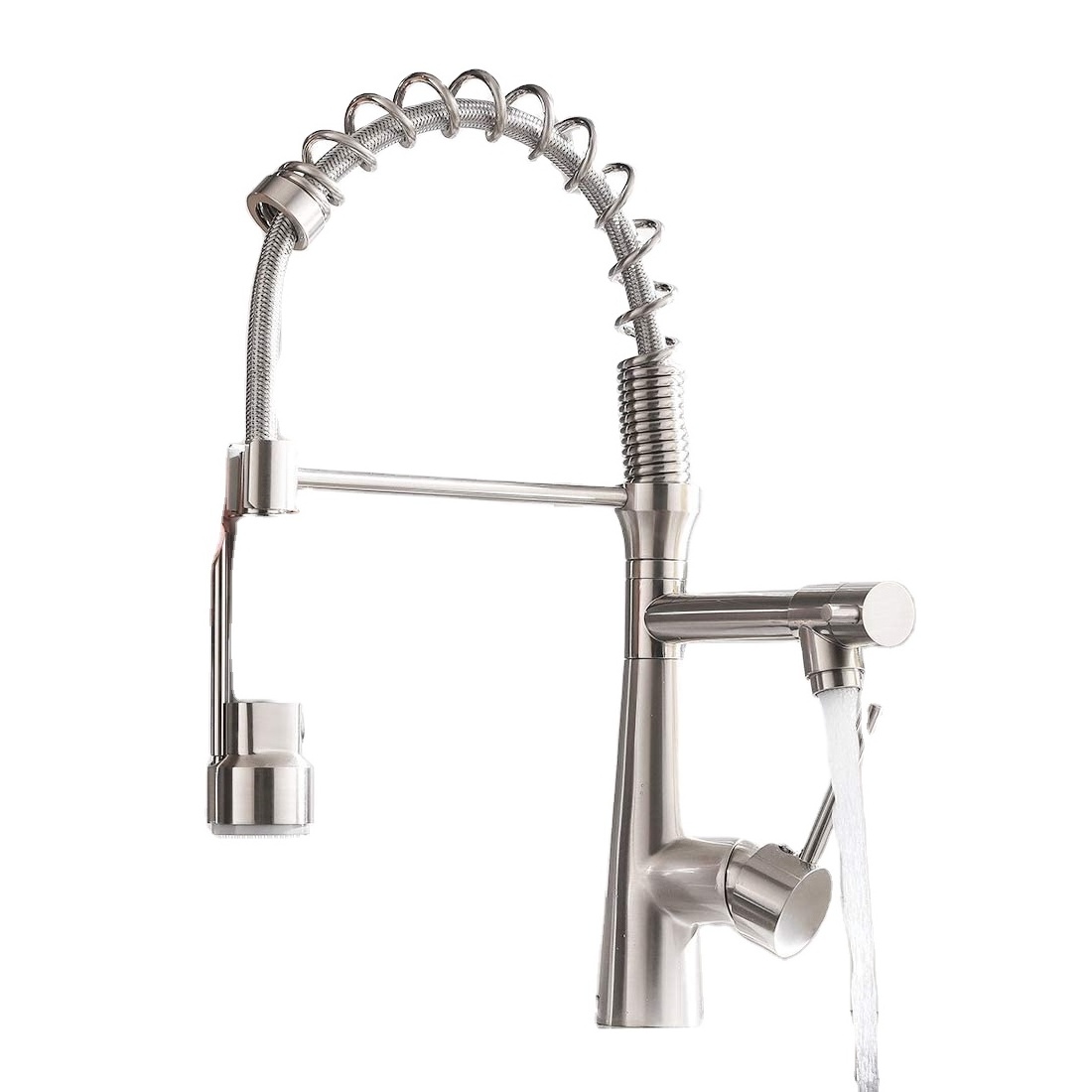 Kitchen Faucets Commercial Steel Brass Single Handle Single Lever Pull Down Sprayer Spring Kitchen Sink Faucet, Brushed Nickel