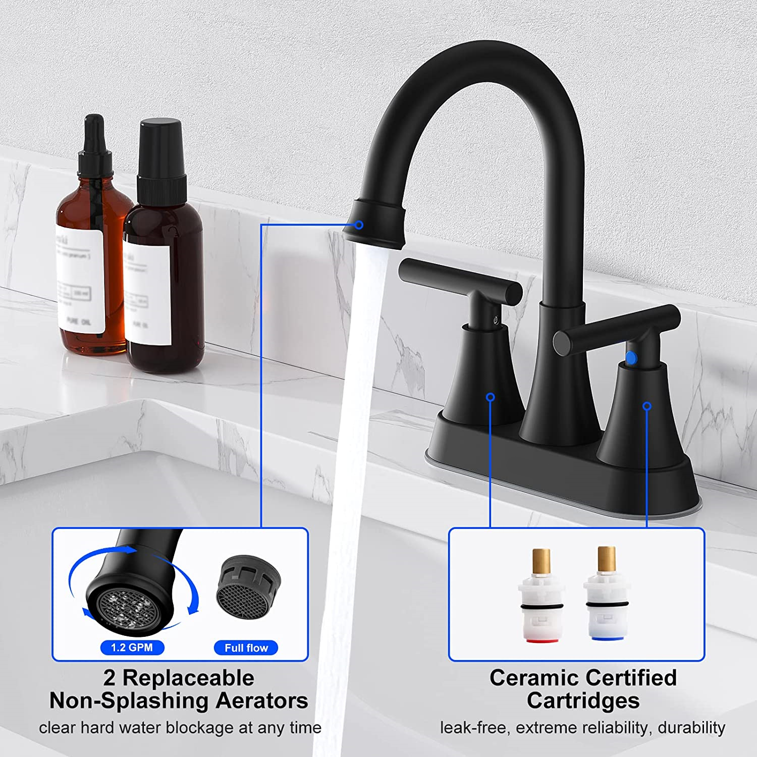 Bathroom Faucets for Sink 3 Hole Matte Black with 2 Supply Hoses Lead-Free 2-Handle Centerset Faucet for Bathroom Sink Vanity RV