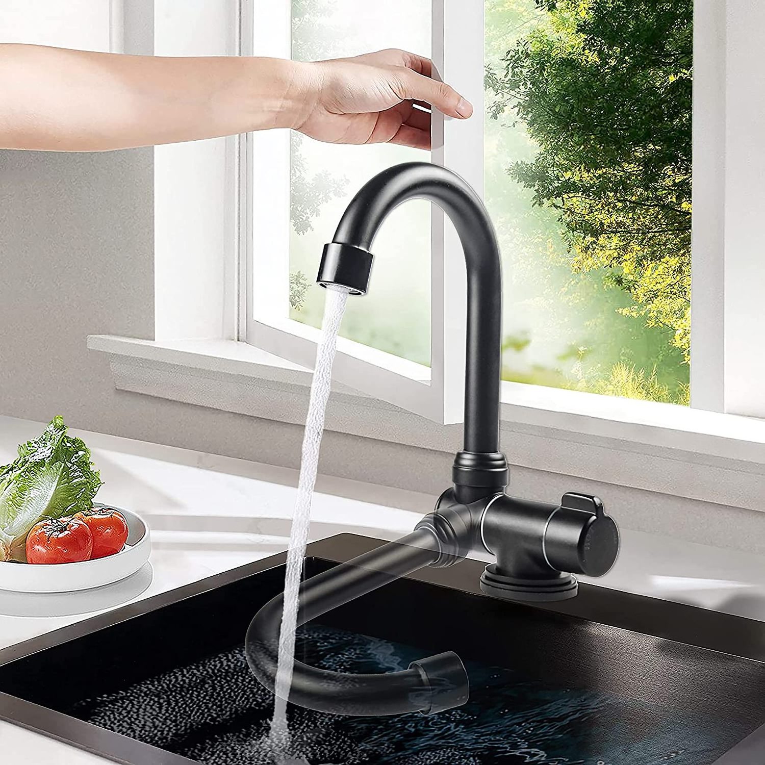 Matte Black RV Folding Faucet 360 Degree Swivel Hot and Cold Water Faucet For Kitchen Sink Or Bathroom Basin