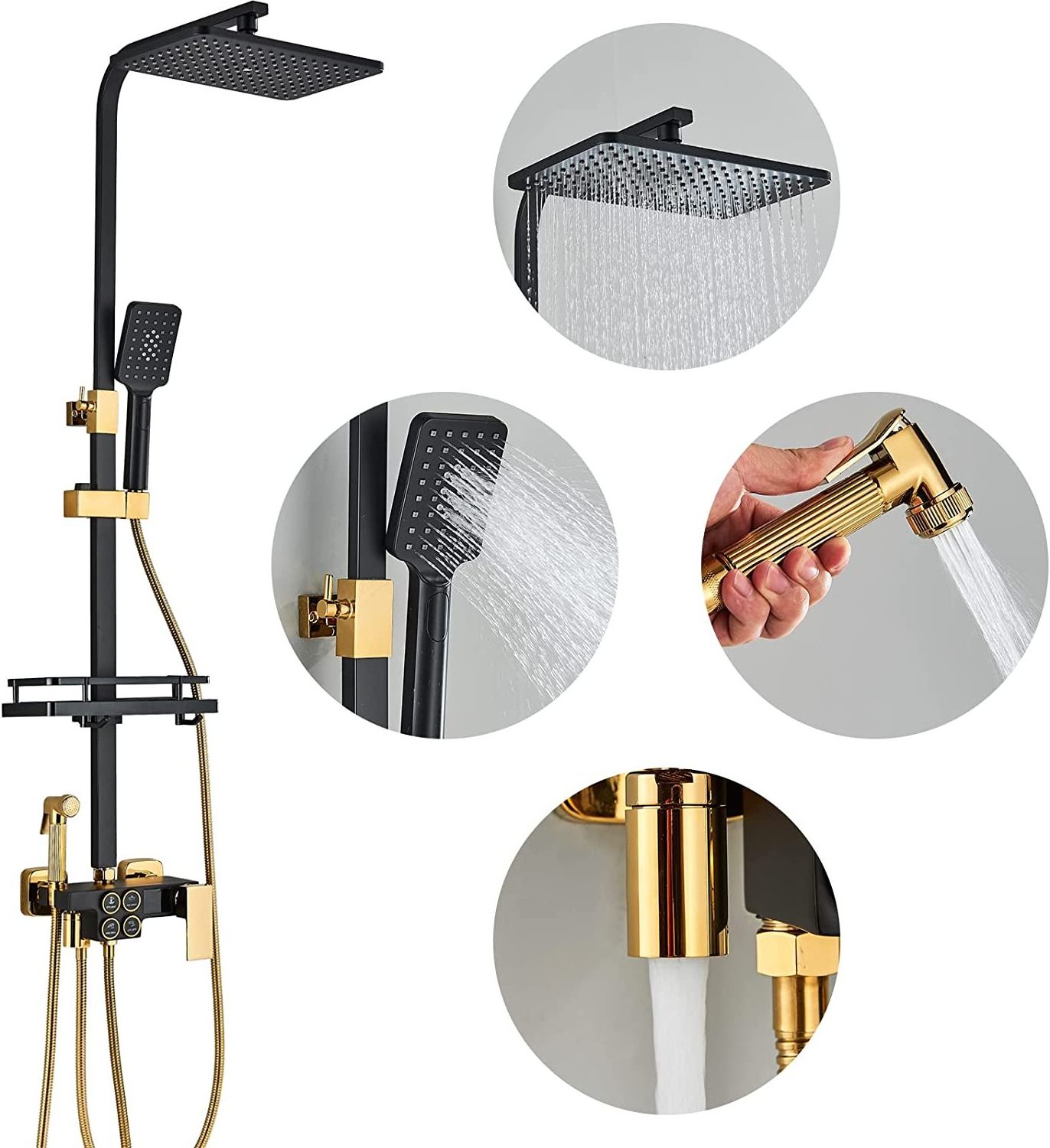 Bathroom Wall Mounted 4-Way Control Rain Exposed Shower Bar Set with Hand Shower, Smart Black & Gold Finish Shower Faucet System