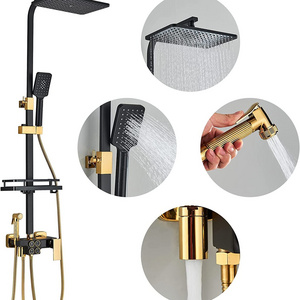 Bathroom Wall Mounted 4-Way Control Rain Exposed Shower Bar Set with Hand Shower, Smart Black & Gold Finish Shower Faucet System