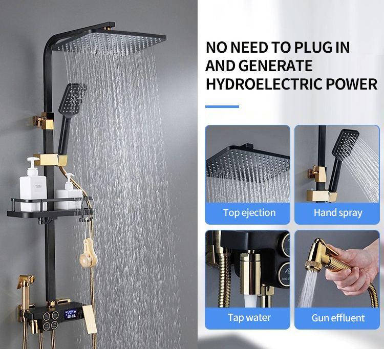 Bathroom Wall Mounted 4-Way Control Rain Exposed Shower Bar Set with Hand Shower, Smart Black & Gold Finish Shower Faucet System