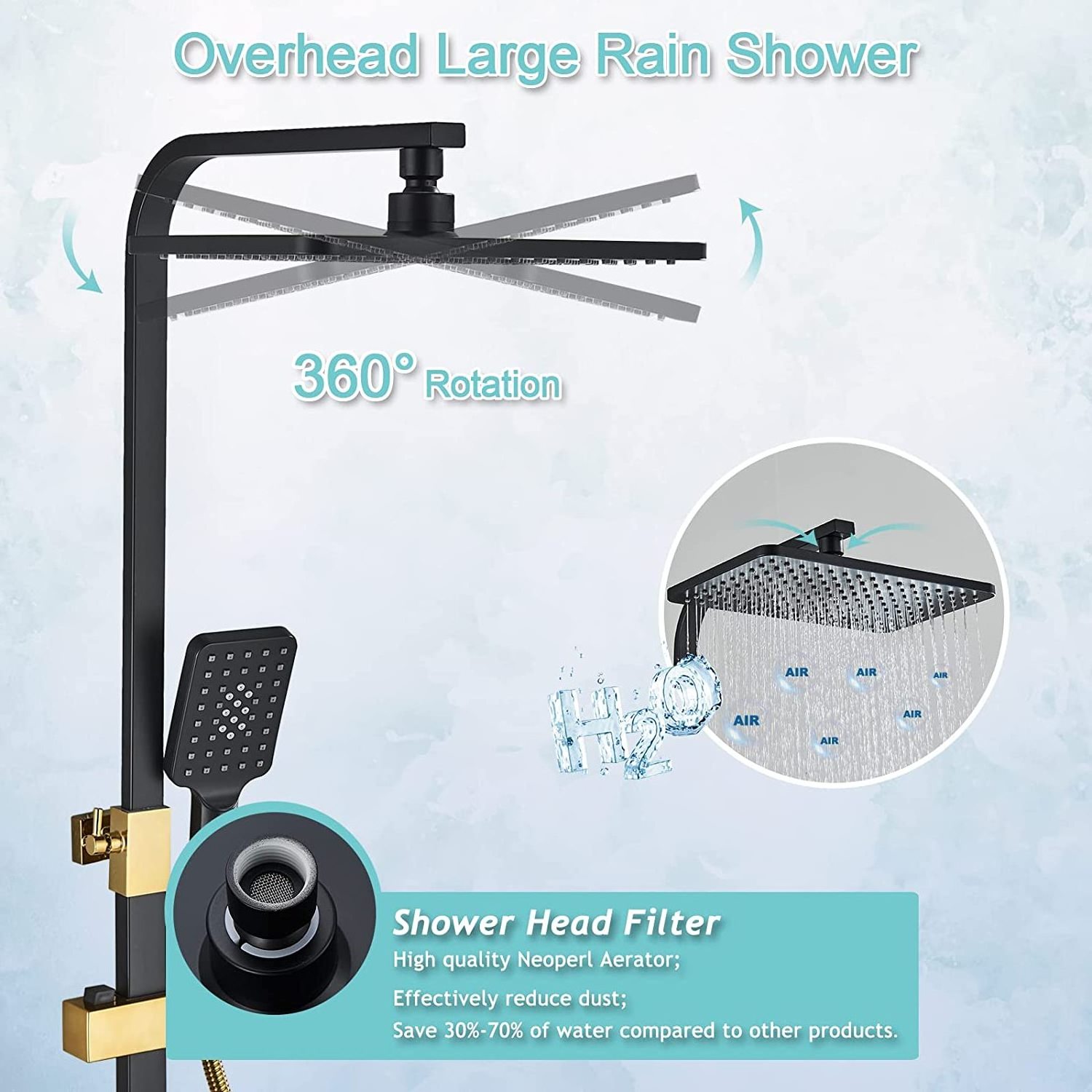 Bathroom Wall Mounted 4-Way Control Rain Exposed Shower Bar Set with Hand Shower, Smart Black & Gold Finish Shower Faucet System