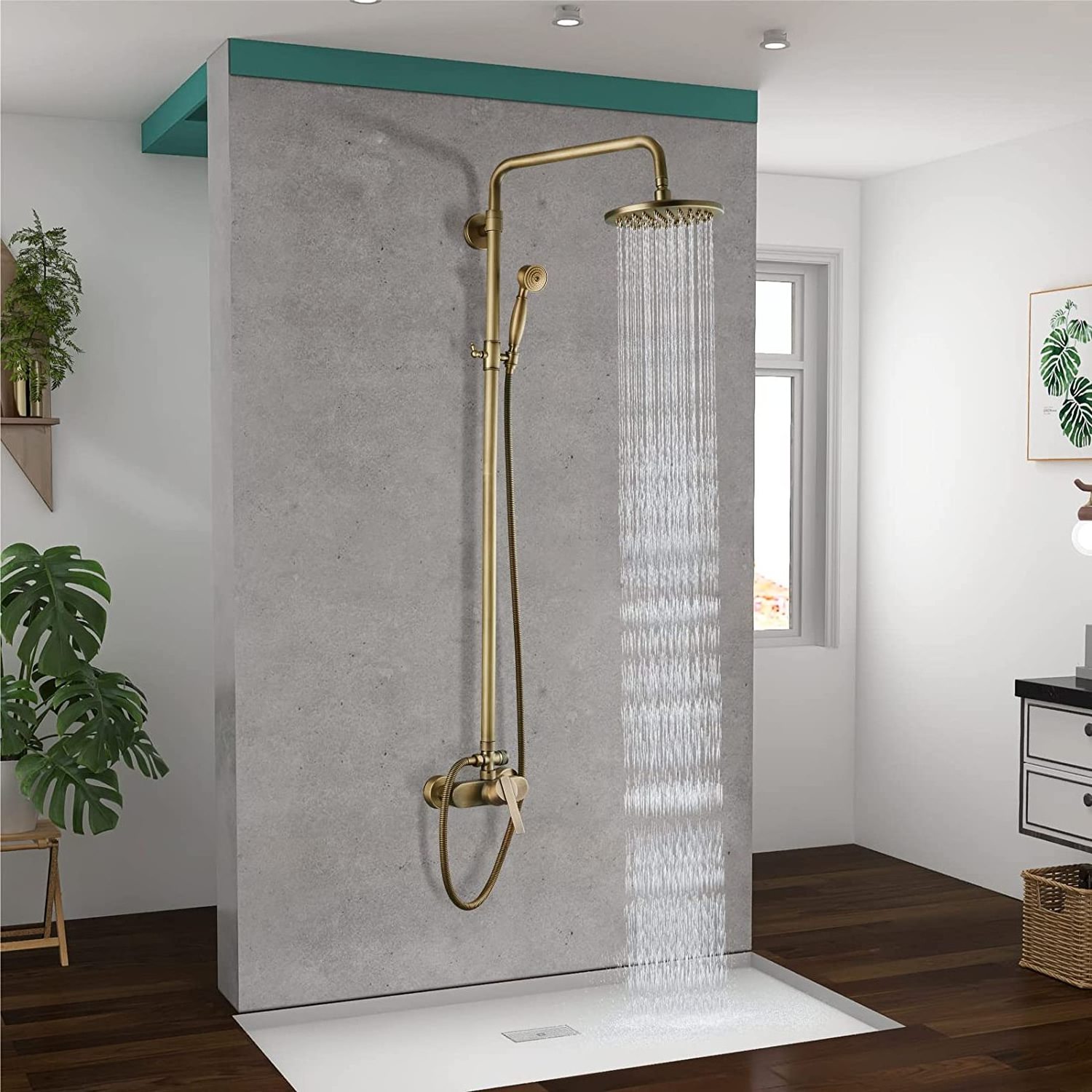 Antique Brass Exposed Pipe Shower System Rainfall Brass Fixture Combo Set Single Handle Adjustable Bathroom Shower Faucet