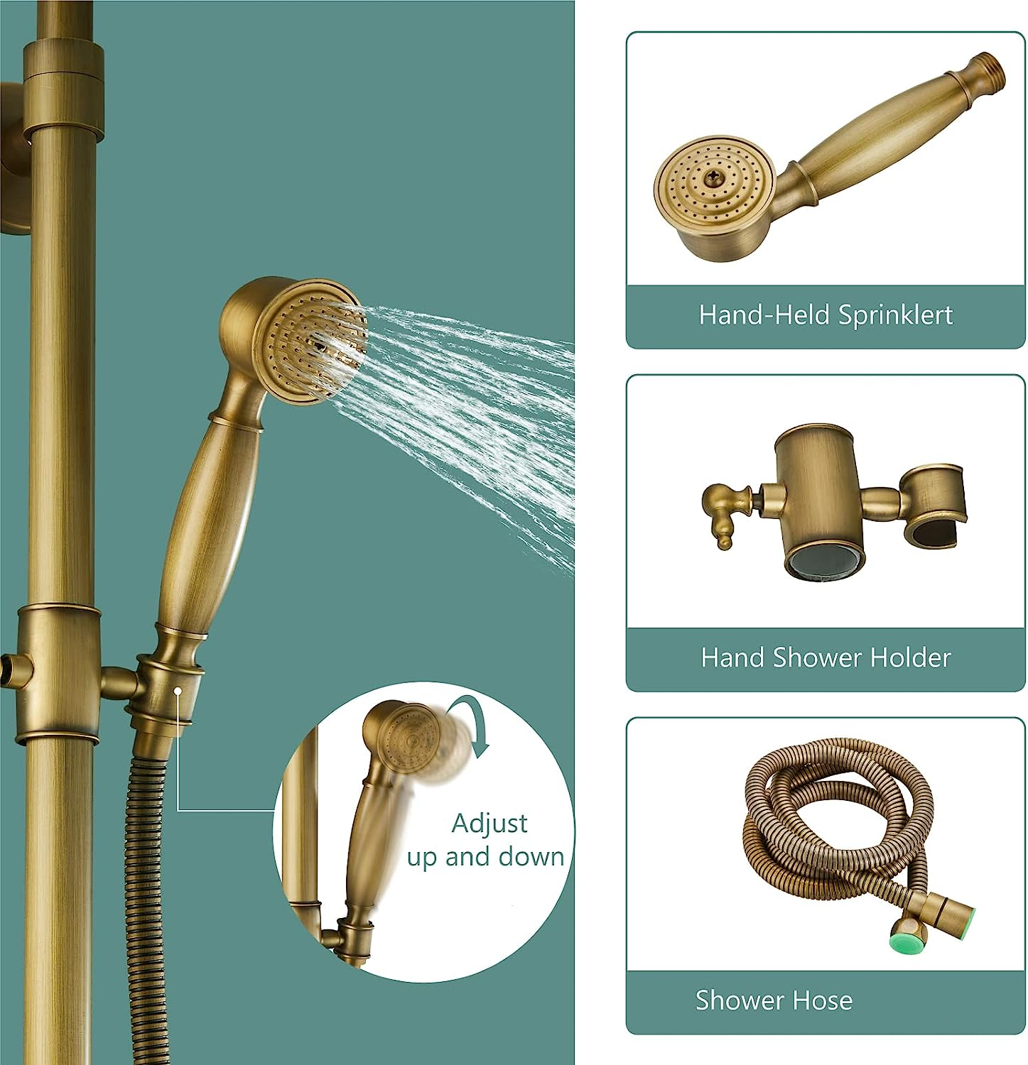 Antique Brass Exposed Pipe Shower System Rainfall Brass Fixture Combo Set Single Handle Adjustable Bathroom Shower Faucet