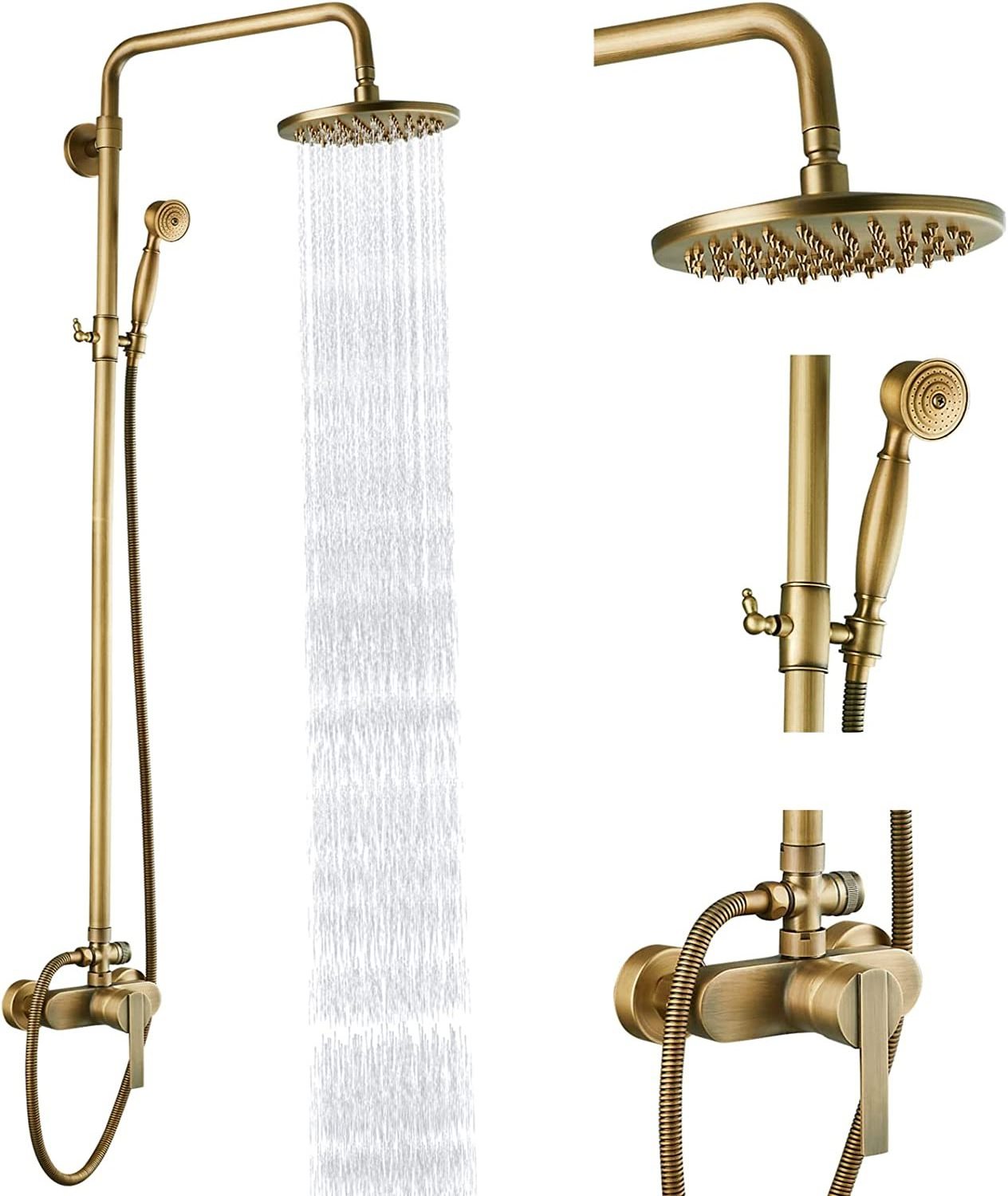 Antique Brass Exposed Pipe Shower System Rainfall Brass Fixture Combo Set Single Handle Adjustable Bathroom Shower Faucet