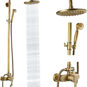 Antique Brass Exposed Pipe Shower System Rainfall Brass Fixture Combo Set Single Handle Adjustable Bathroom Shower Faucet