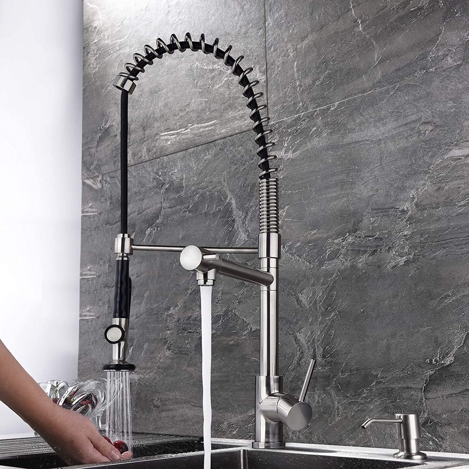 Commercial Pull Down Stainless Steel Kitchen Sink Faucet with Pre-Rinse Spring Sprayer Brushed Nickel Farmhouse Kitchen Faucet