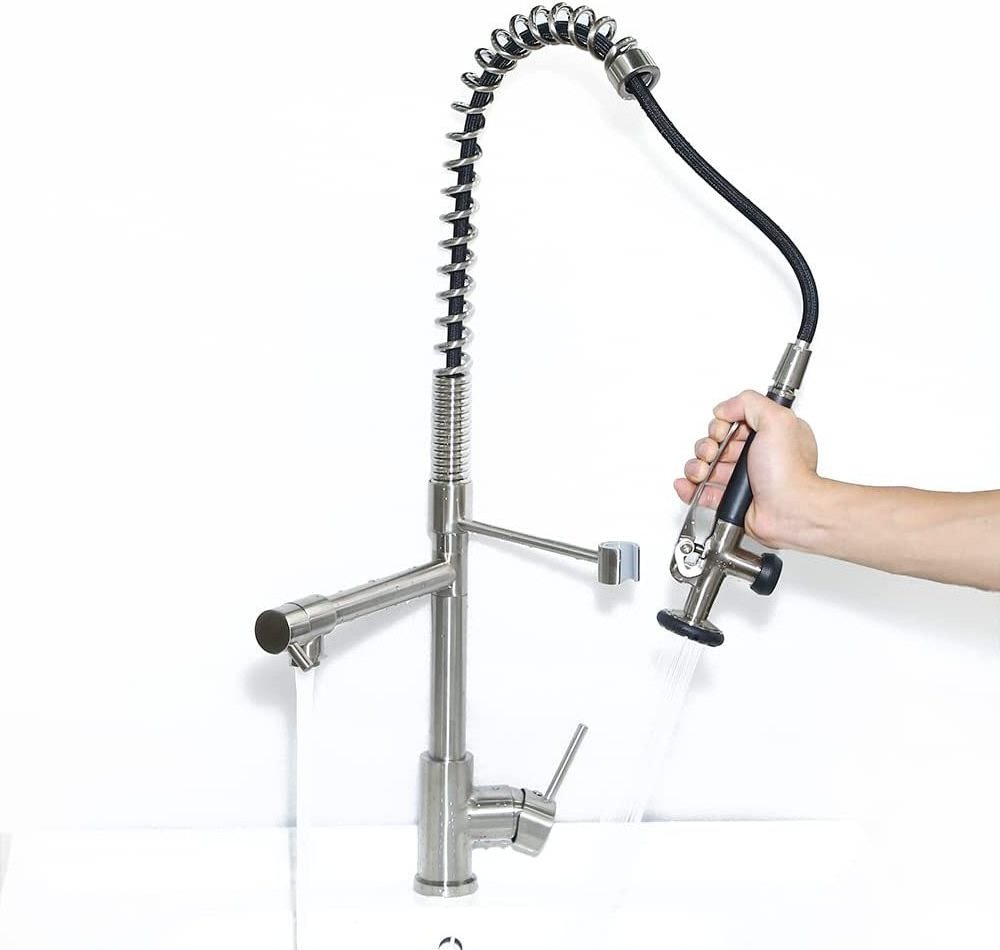 Commercial Pull Down Stainless Steel Kitchen Sink Faucet with Pre-Rinse Spring Sprayer Brushed Nickel Farmhouse Kitchen Faucet