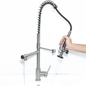 Commercial Pull Down Stainless Steel Kitchen Sink Faucet with Pre-Rinse Spring Sprayer Brushed Nickel Farmhouse Kitchen Faucet