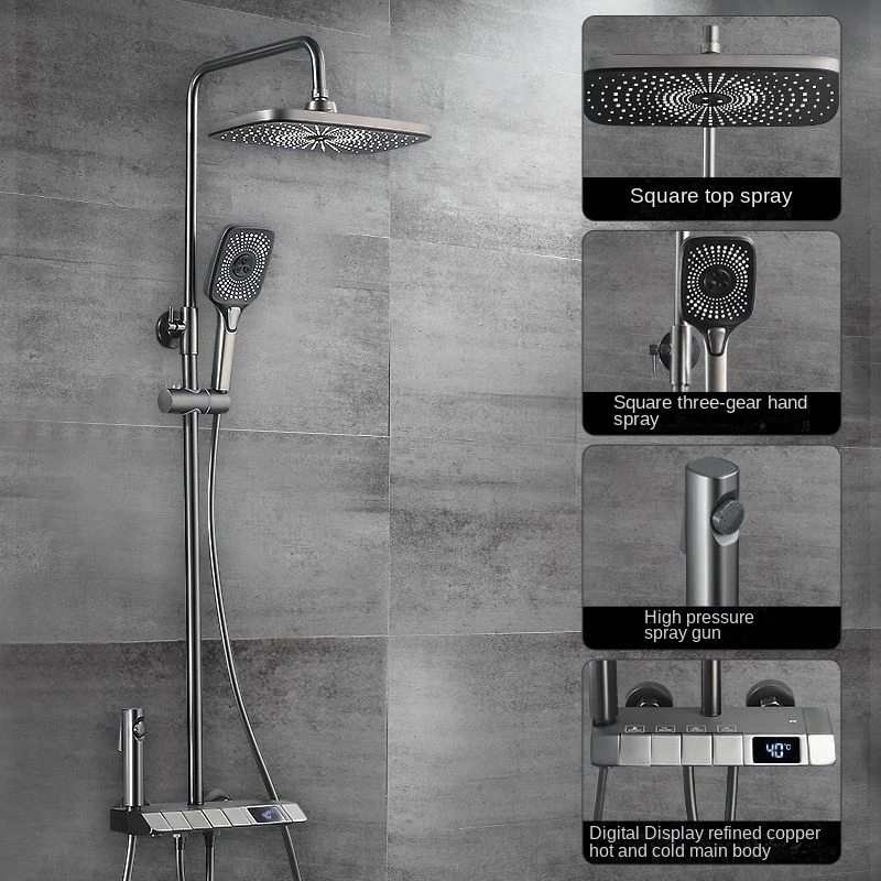 Bathroom Shower System Piano Key LED Shower Set Digital Temperature Smart Gun Gray Grey Brass Rainfall Faucet Cheap Low Price